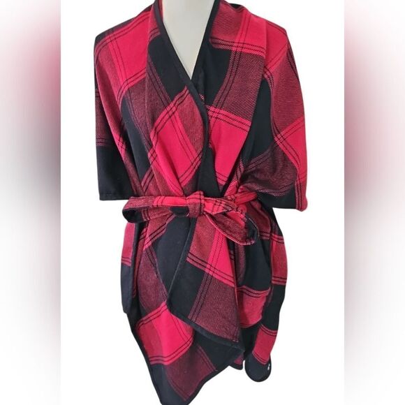 Plaid Red and Black Wrap Coat/poncho - Picture 1 of 4
